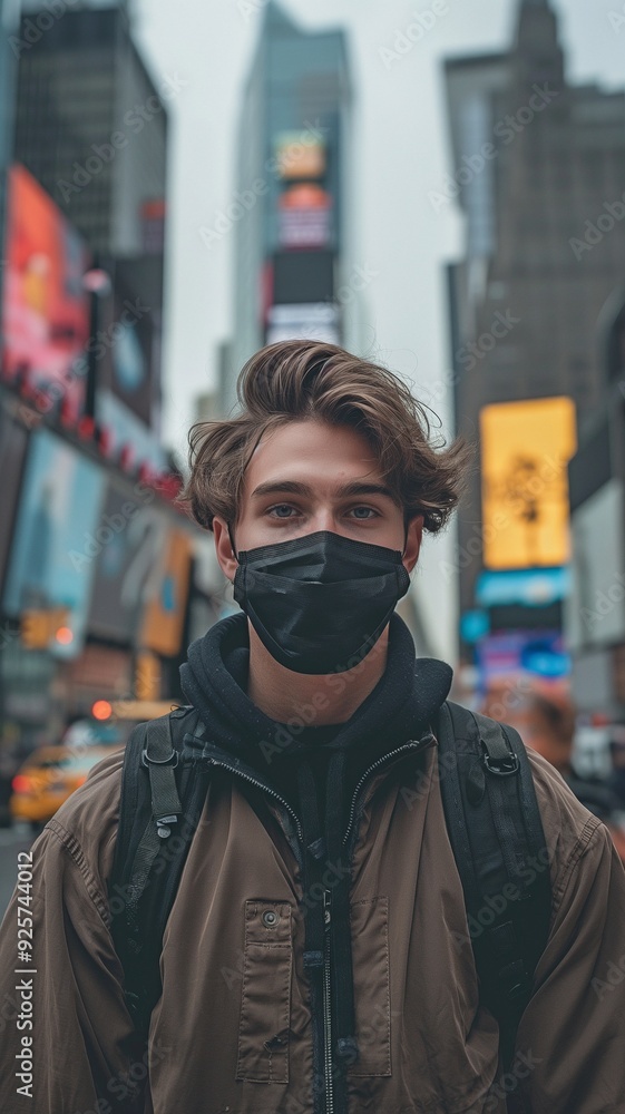 In a metropolis, a young man is seen wearing a mask. In a metropolis, a young man is seen wearing a mask.
