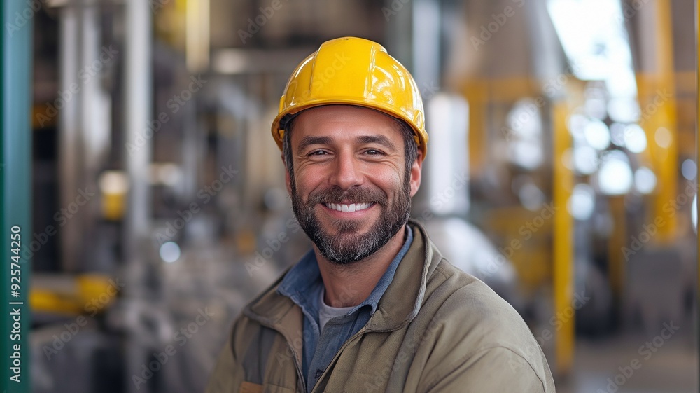 Industrial engineer grinning, keeping an eye on the production line, being attentive, and managing production in a manufacturing setting. Industrial engineer grinning, keeping an eye on the production line, being attentive, and managing production in a manufacturing setting.