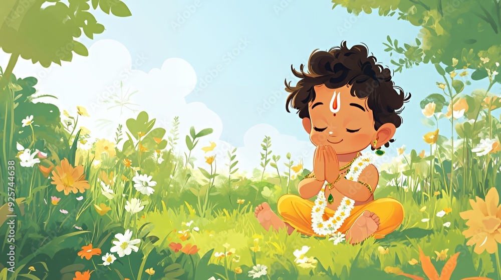 Baby Krishna crawls playfully on a lush green meadow Baby Krishna crawls playfully on a lush green meadow