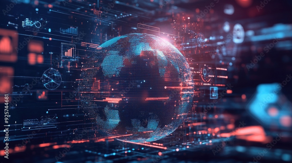 A digital globe surrounded by business icons and innovation symbols. A digital globe surrounded by business icons and innovation symbols.