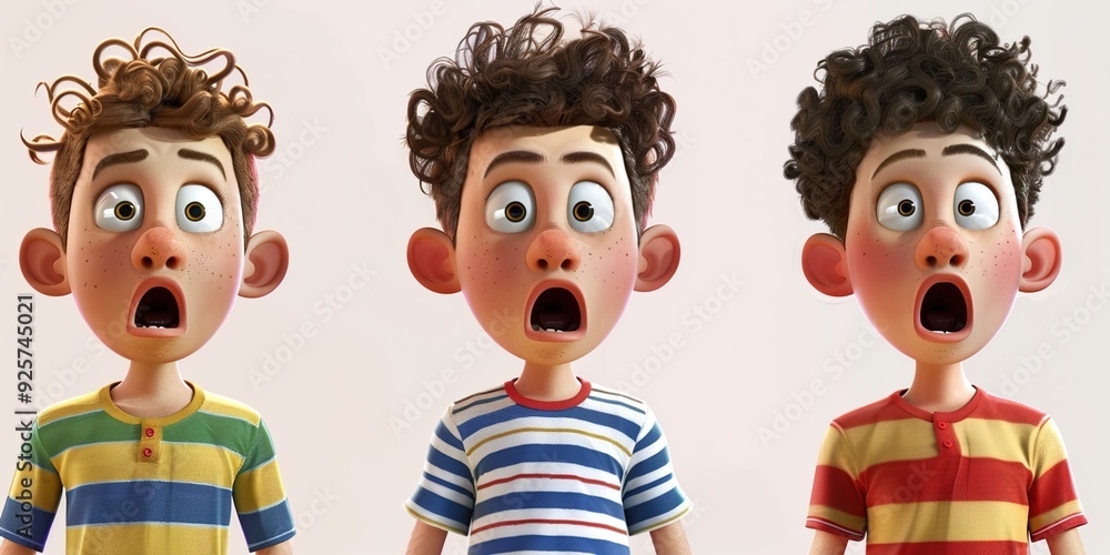 Three cute little boys with different hairstyles, their mouths all open in an animated way. animation style
Three cute little boys with different hairstyles, their mouths all open in an animated way. animation style