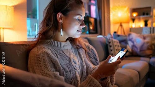 Wallpaper Mural Young woman using her smartphone to adjust smart home devices in a cozy living room, controlling lights and temperature with ease. Torontodigital.ca