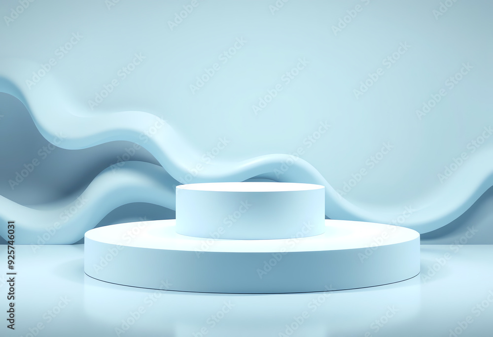 Luxury pastel cylinder pedestal podium mockup. Light blue and gray color wave liquid shape backdrop for cosmetic products display presentation Luxury pastel cylinder pedestal podium mockup. Light blue and gray color wave liquid shape backdrop for cosmetic products display presentation