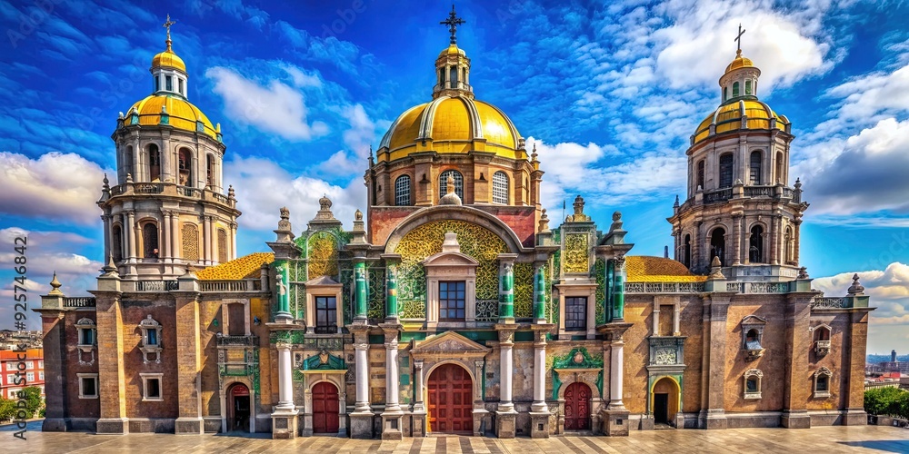 Fototapeta premium Vibrant basilica of Our Lady of Guadalupe in Mexico City, adorned with intricate architecture, colorful tiles, and stunning stained glass, set against a bright blue sky.