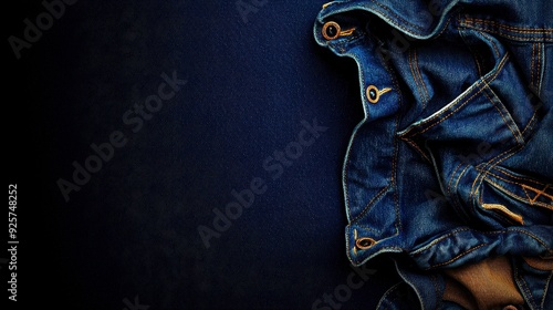 Close-up of textured blue denim fabric, showcasing intricate stitching and folds, ideal for fashion and fabric design.