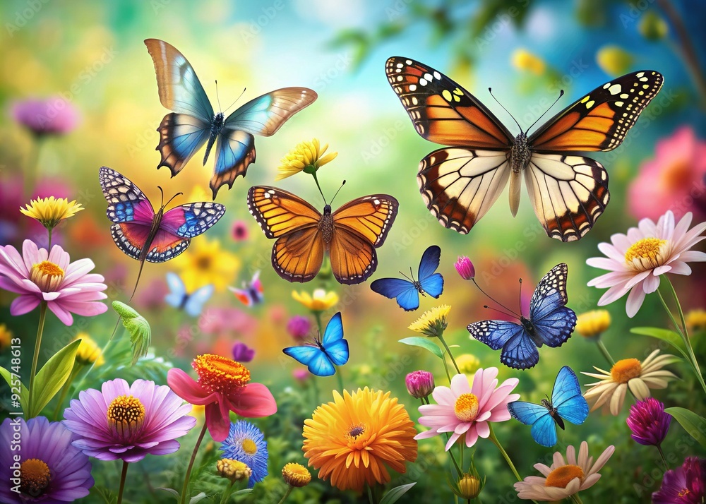 Vibrant colorful butterflies with delicate wings and slender bodies flutter around a blooming flower garden, creating a whimsical and serene natural atmosphere. Vibrant colorful butterflies with delicate wings and slender bodies flutter around a blooming flower garden, creating a whimsical and serene natural atmosphere.