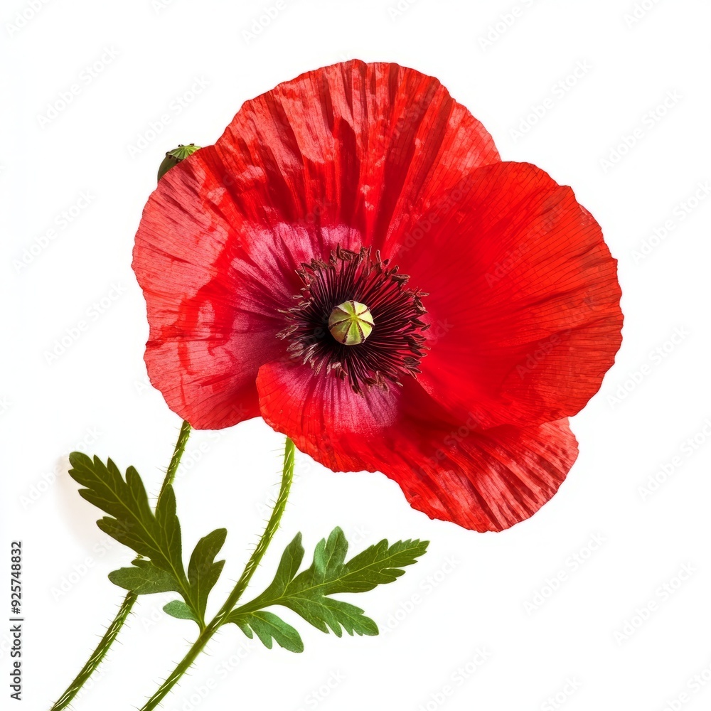 Close up of red poppy flower and leaves on an isolated white background Close up of red poppy flower and leaves on an isolated white background