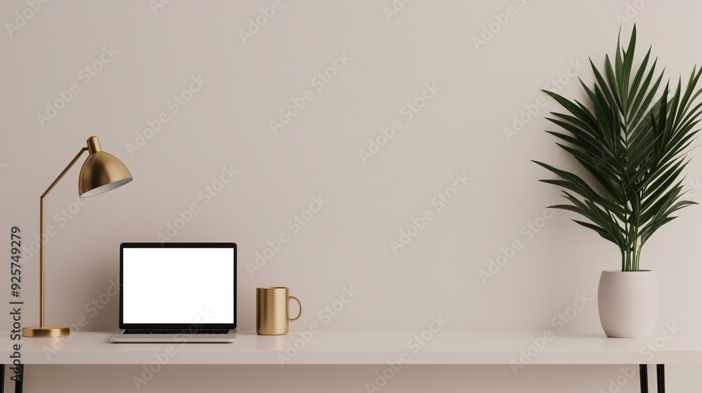 Clean and simple home office setup with a blank laptop screen and vibrant plants on a white desk. Great for illustrating productivity, modern design, or a fresh work environment. Clean and simple home office setup with a blank laptop screen and vibrant plants on a white desk. Great for illustrating productivity, modern design, or a fresh work environment.