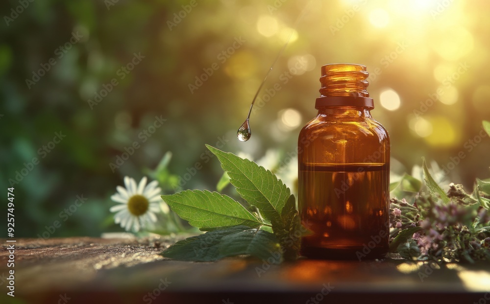Essential Oil Bottle with Dropper in Natural Setting Essential Oil Bottle with Dropper in Natural Setting