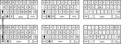 Set of smartphone keyboard in dark mode, keypad alphabet, numerals buttons in trendy modern line styles, mobile phone tab concepts for black color text app vectors isolated on transparent background.