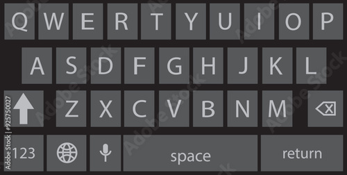 Smartphone keyboard in dark mode, keypad alphabet buttons in trendy modern flat style, mobile phone tab concept for black color text app vector illustration isolated on transparent background.