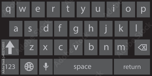 Smartphone keyboard in dark mode, keypad alphabet buttons in trendy modern flat style, mobile phone tab concept for black color text app vector illustration isolated on transparent background.