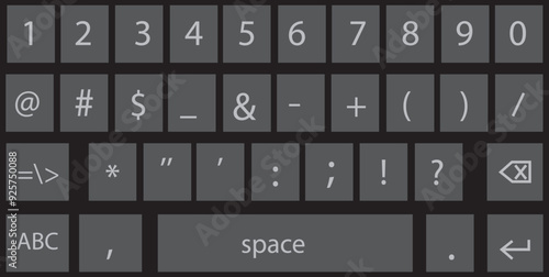 Smartphone keyboard in dark mode, keypad numerals buttons in trendy modern flat style, mobile phone tab concept for black color text app vector illustration isolated on transparent background.