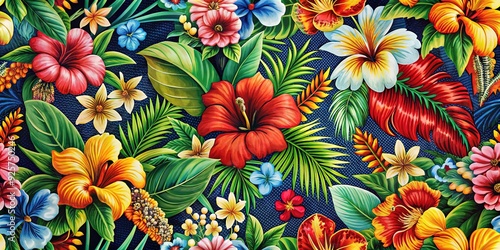 Vibrant floral patterns and traditional Hawaiian motifs adorn a colorful textile, blending cultural heritage with modern design elements in a stunning tropical-inspired fabric.