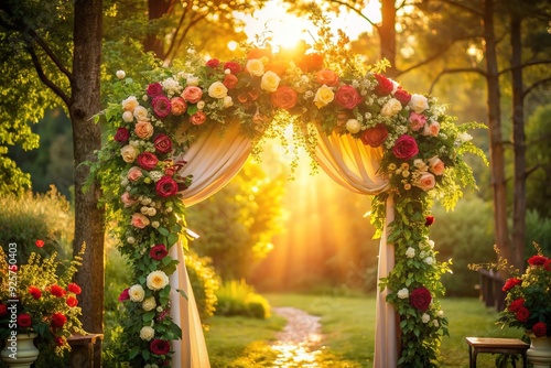 Vibrant florals adorn vintage ceremony arch amidst lush greenery, warm golden light, and soft focus background, evoking classic summer wedding elegance and romance. photo