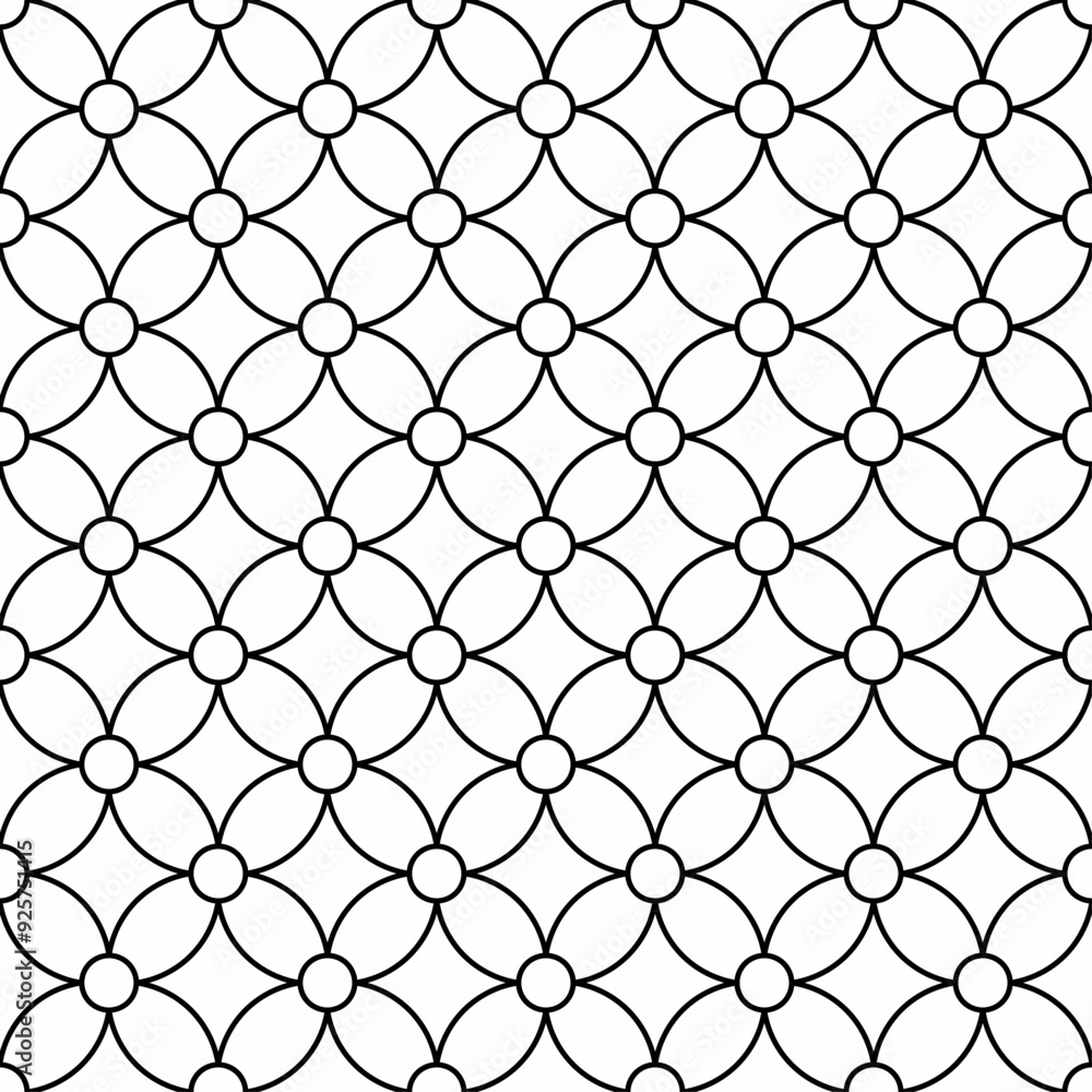 Naklejka premium Seamless geometric pattern consisting of black lines with a four-petal flower shape and a circle in the center on a white background. Suitable for graphic design, interiors, textiles, wrapping, etc.