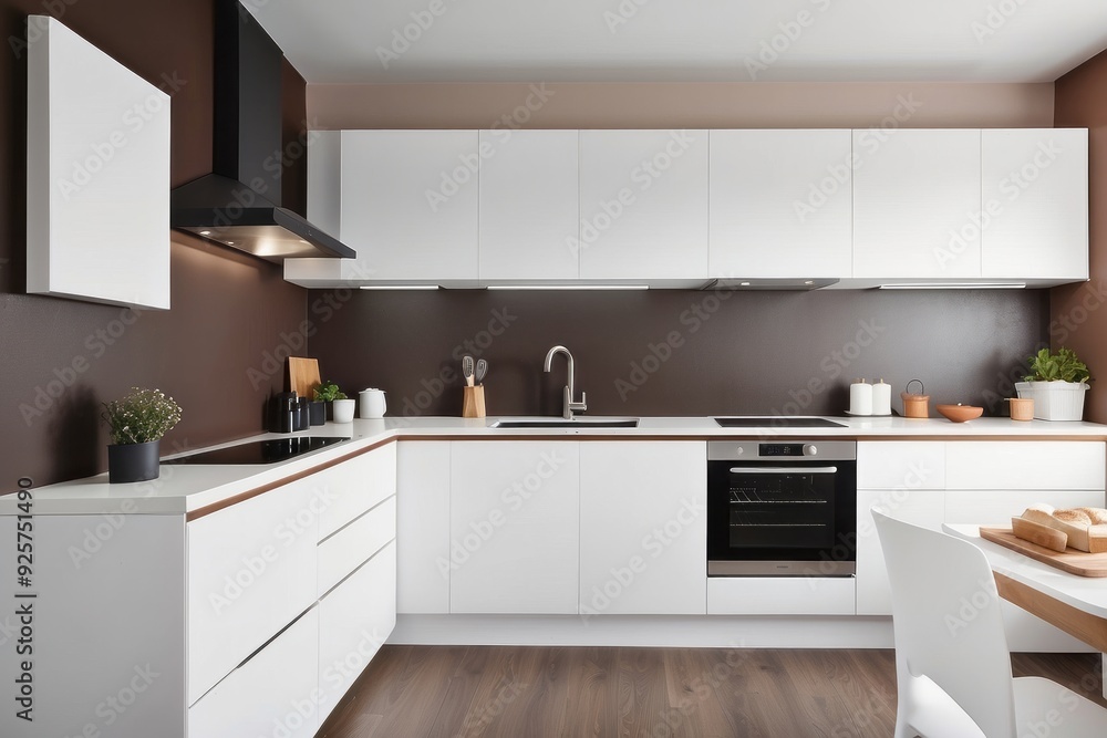 Fototapeta premium Modern White Kitchen with Brown Accents and Stainless Steel Appliances