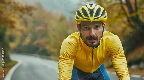 Determined Male Cyclist in Yellow Jersey on a Serene Autumn Road - Concept of Focus and Strength
