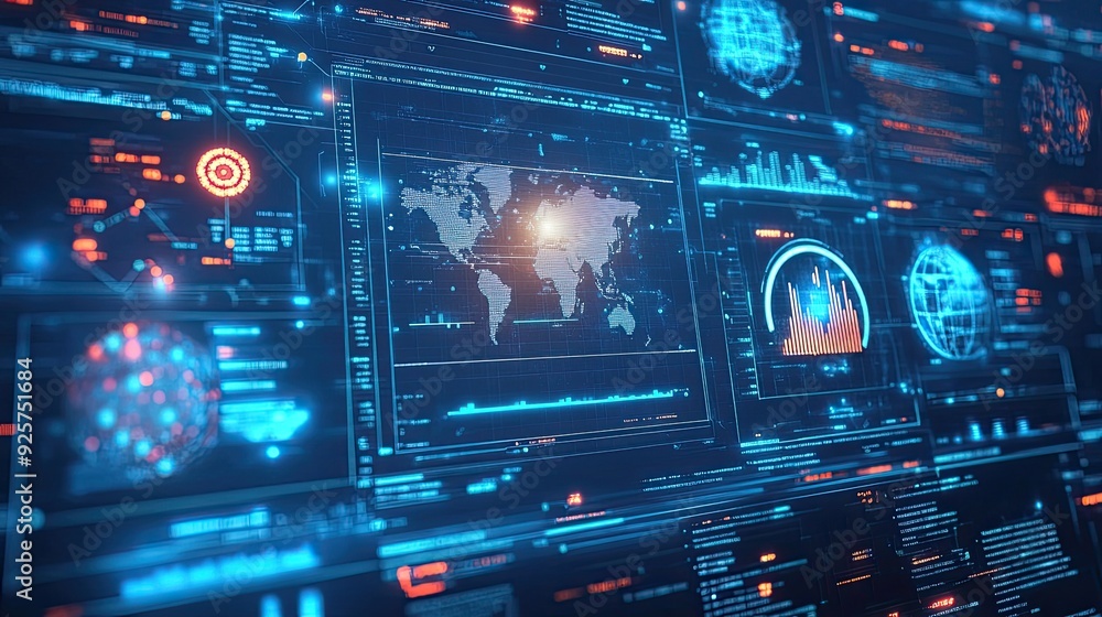 A futuristic interface showing global business trends and innovation. A futuristic interface showing global business trends and innovation.
