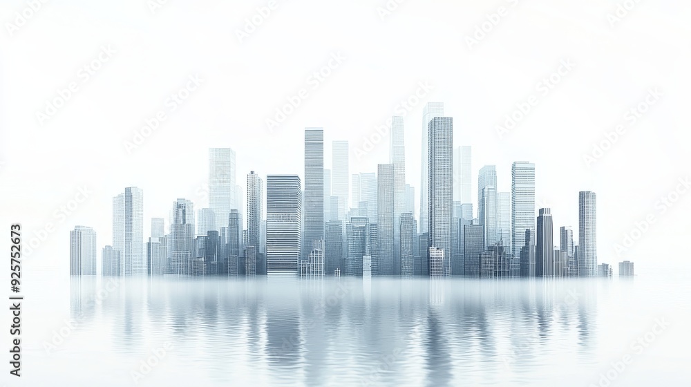 Photorealistic depiction of a modern urban skyline, prominently featuring a cluster of sleek high-rise buildings, all set against a stark white background, high quality photo Photorealistic depiction of a modern urban skyline, prominently featuring a cluster of sleek high-rise buildings, all set against a stark white background, high quality photo