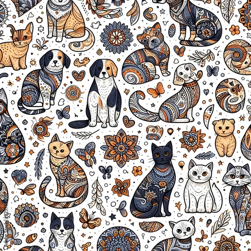 Seamless Pattern with Ornamental Cats and Floral Motifs
