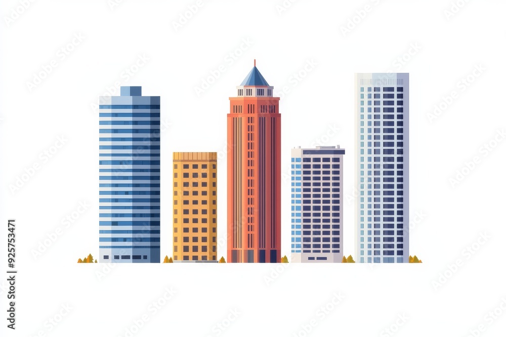 three high-rise buildings, city downtown, business, minimalist, iconic, flat design, 2D, white background, three high-rise buildings, city downtown, business, minimalist, iconic, flat design, 2D, white background,