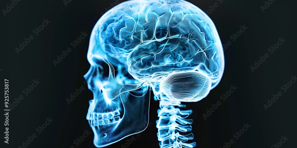 A skull with a brain inside of it. The skull is blue and the brain is also blue A skull with a brain inside of it. The skull is blue and the brain is also blue