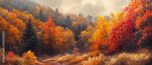 Vibrant Autumn Splendor: Thick Oil Painting of Endless Forest Landscape with Rich Textures and Colors