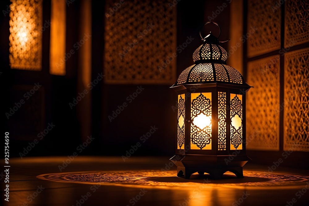 A lantern with a light inside of it is lit up in a dark room A lantern with a light inside of it is lit up in a dark room