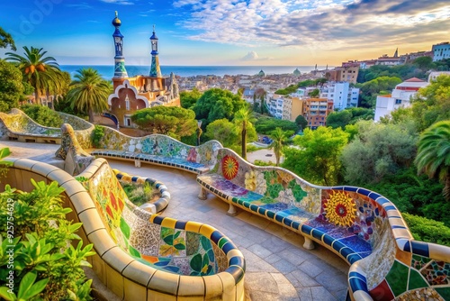 Vibrant mosaic benches and twisting tree-lined walkways create a whimsical atmosphere in a famous Barcelona park, surrounded by lush greenery and picturesque city views.