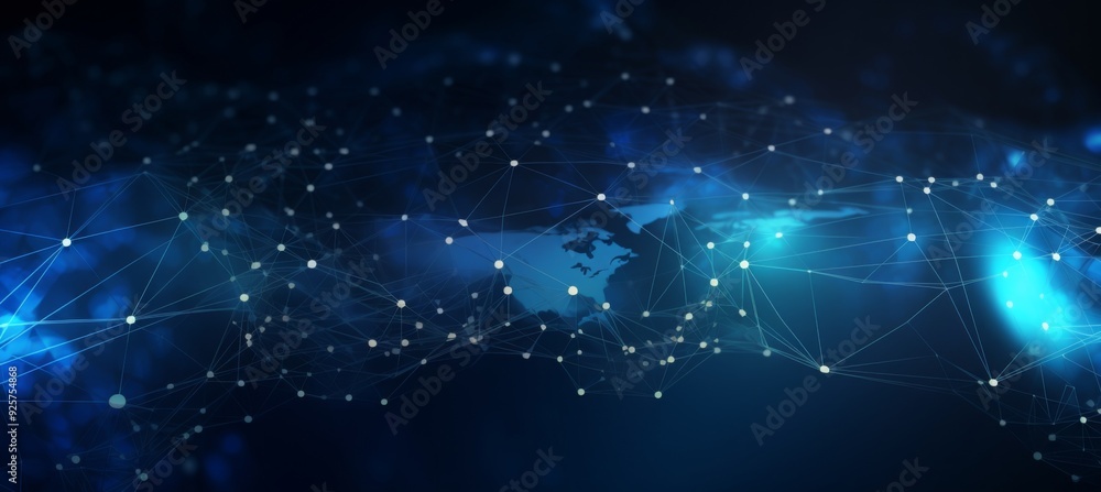 Abstract blue background with a glowing global network and connection lines on a dark blue background, a futuristic technology concept