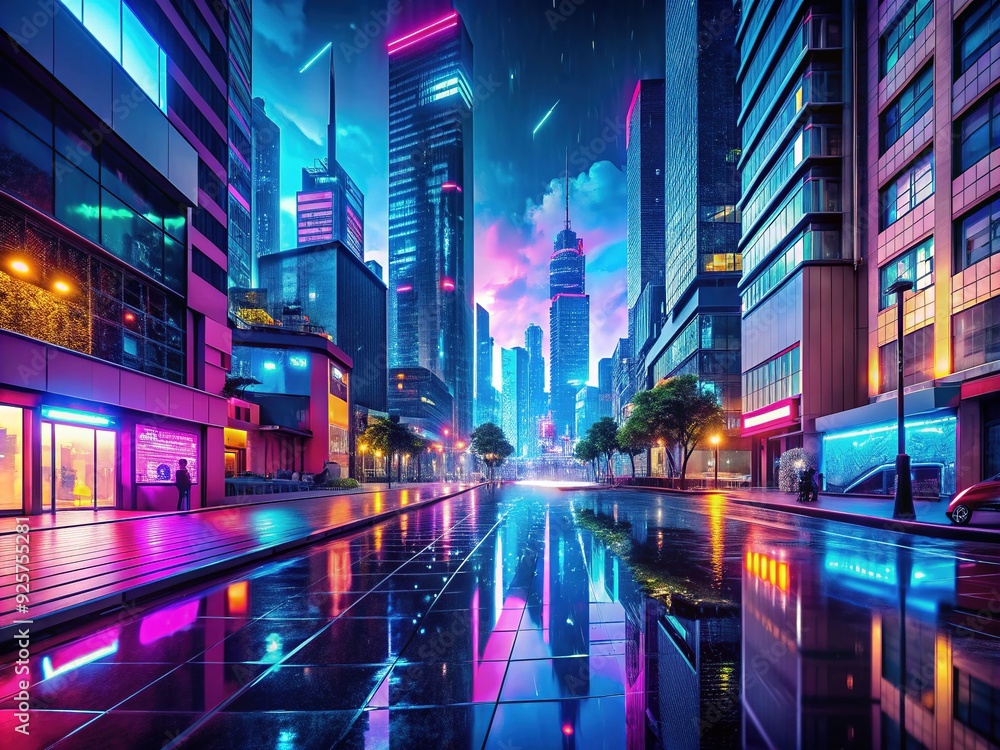 Vibrant neon lights swirl around a futuristic cityscape at dusk, reflected in sleek wet pavement, with 3D PSD layers for customization.