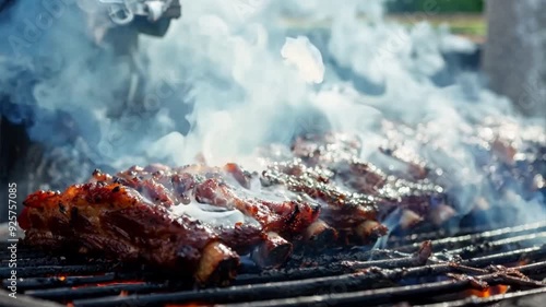 Close-up of a BBQ smoker emitting fragrant smoke as it slow-cooks ribs and brisket for a backyard cookout.