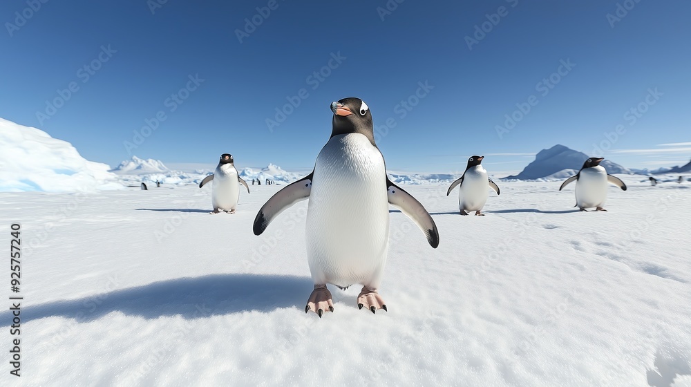Obraz premium Penguins with Tracking Tags Waddling Across Antarctic Landscape