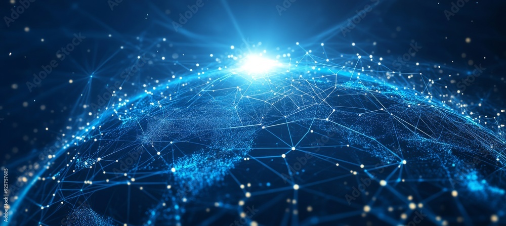 Fototapeta premium Abstract blue digital background with glowing network connections and global connection concept on a dark blue backdrop. Abstract technology, internet, or business theme vector illustration design ele