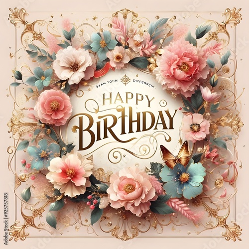Happy Birthday Floral Greeting Card with Butterfly