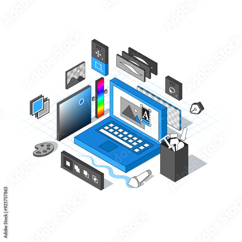Raster Graphic Editor in Isometric style. Minimalistic axonometric Interface. Big Ui graphics. Vector illustration Concept