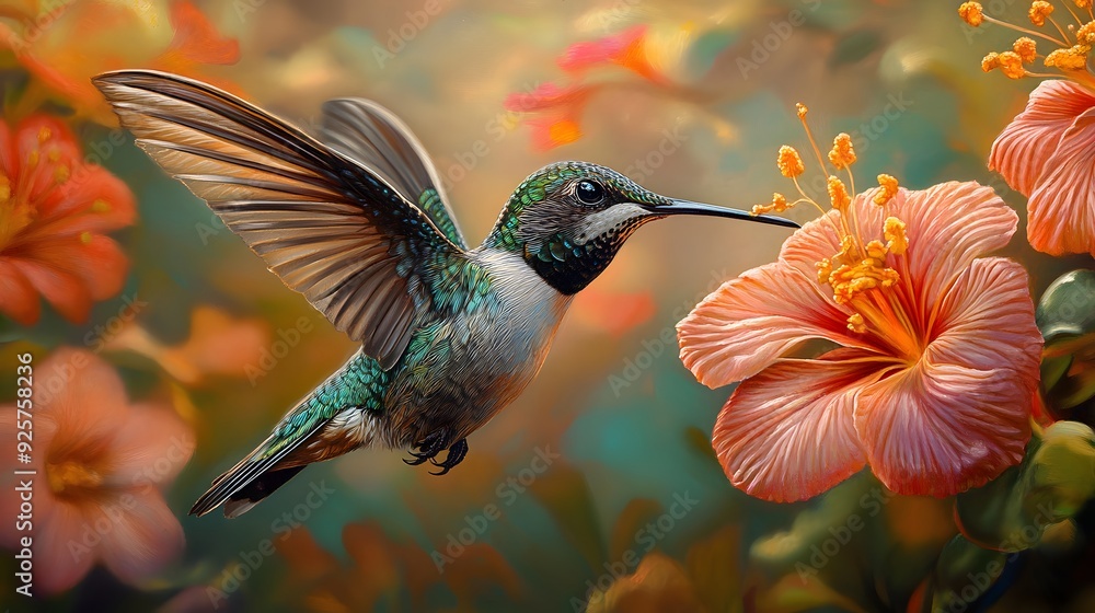 Naklejka premium Hummingbird feeding on hibiscus flower.