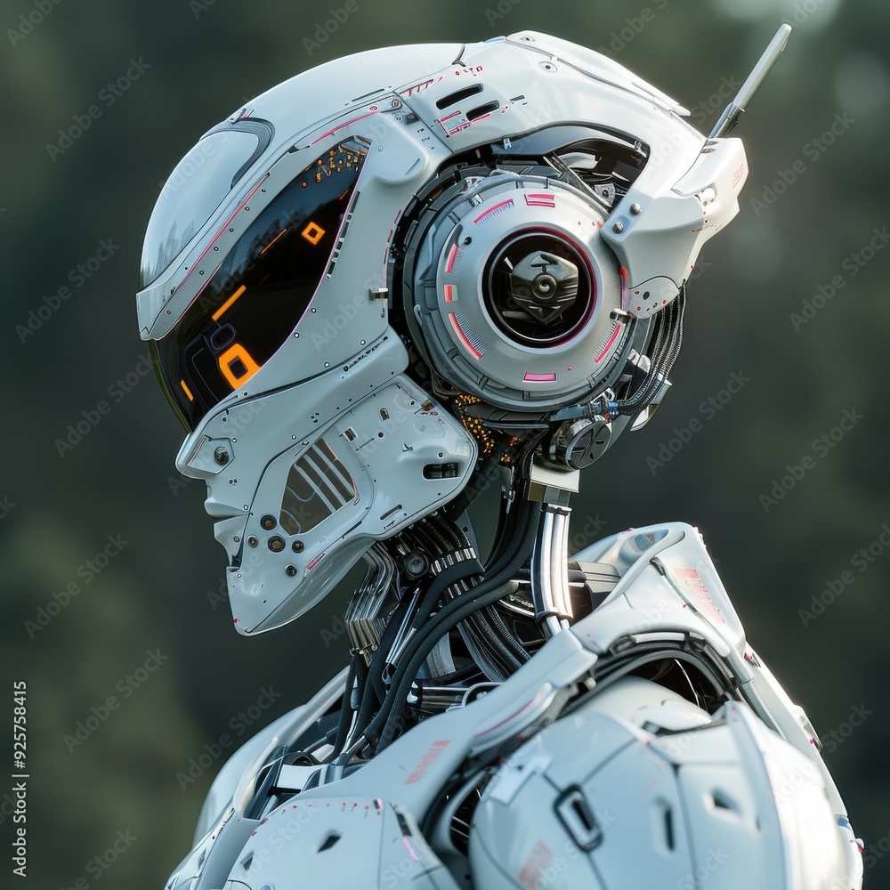 Futuristic Robot in a White Armor Helmet Futuristic Robot in a White Armor Helmet