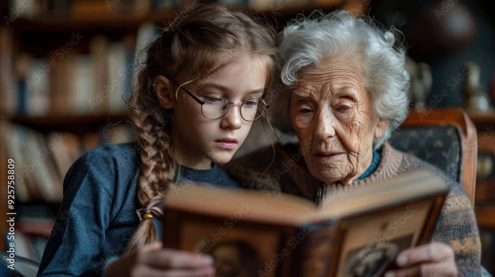 Generational Bonding: Grandchild and Grandmother Look through Old Photo ...