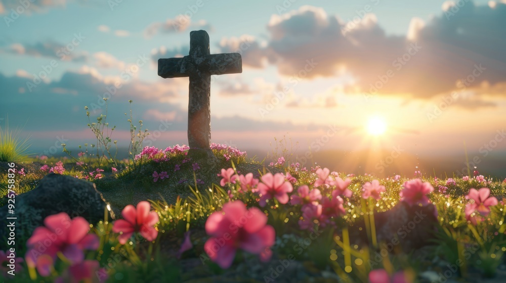 Resurrection at Sunrise: Empty Tomb with Cross on Meadow - Good Friday Concept Resurrection at Sunrise: Empty Tomb with Cross on Meadow - Good Friday Concept