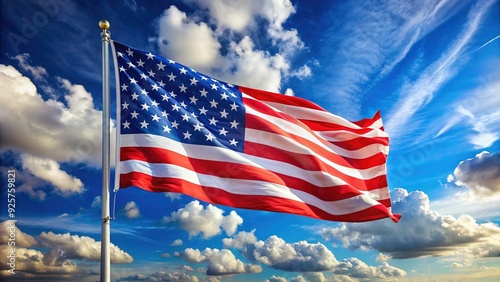 Vibrant Stars and Stripes vertical American flag waving proudly in the wind, set against a bright blue sky with fluffy white clouds.