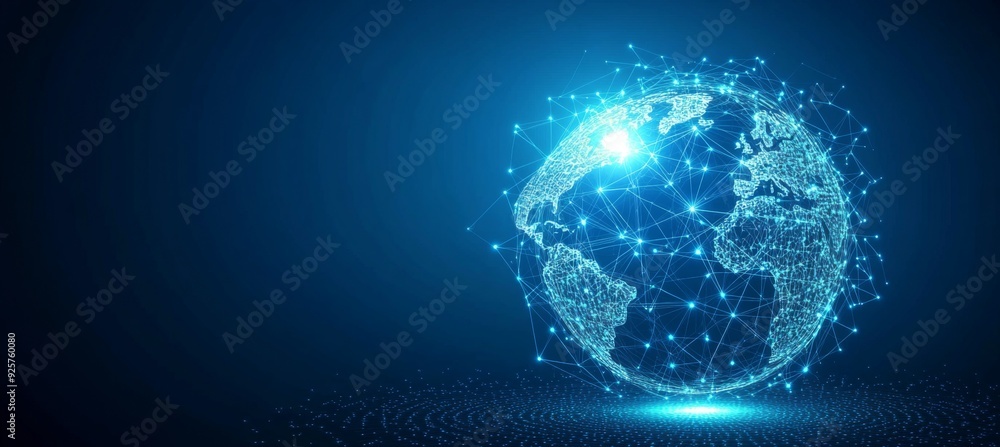 Fototapeta premium Abstract blue digital background with glowing network connections and global connection concept on a dark blue backdrop. Abstract technology, internet, or business theme vector illustration design ele