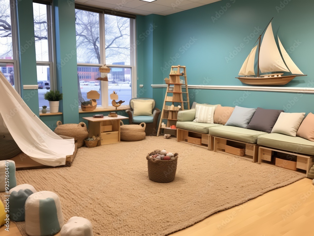 Fototapeta premium Playroom with a nautical theme and large windows, featuring a comfy couch with pillows, a large rug, and a play tent.