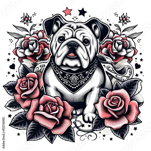 Bulldog with Roses and Stars Tattoo Design photo