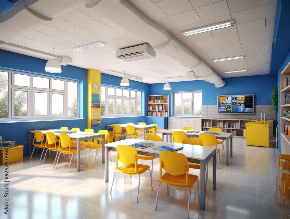 Modern school classroom with bright blue and yellow walls, white ceiling with exposed ductwork, and windows. The room is furnished with square tables, yellow chairs, and a bookshelf. Modern school classroom with bright blue and yellow walls, white ceiling with exposed ductwork, and windows. The room is furnished with square tables, yellow chairs, and a bookshelf.