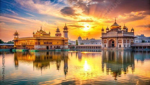 Vibrant sunset illuminates the majestic Golden Temple, a stunning Sikh shrine surrounded by serene waters and lush greenery in Amritsar, Punjab, India.