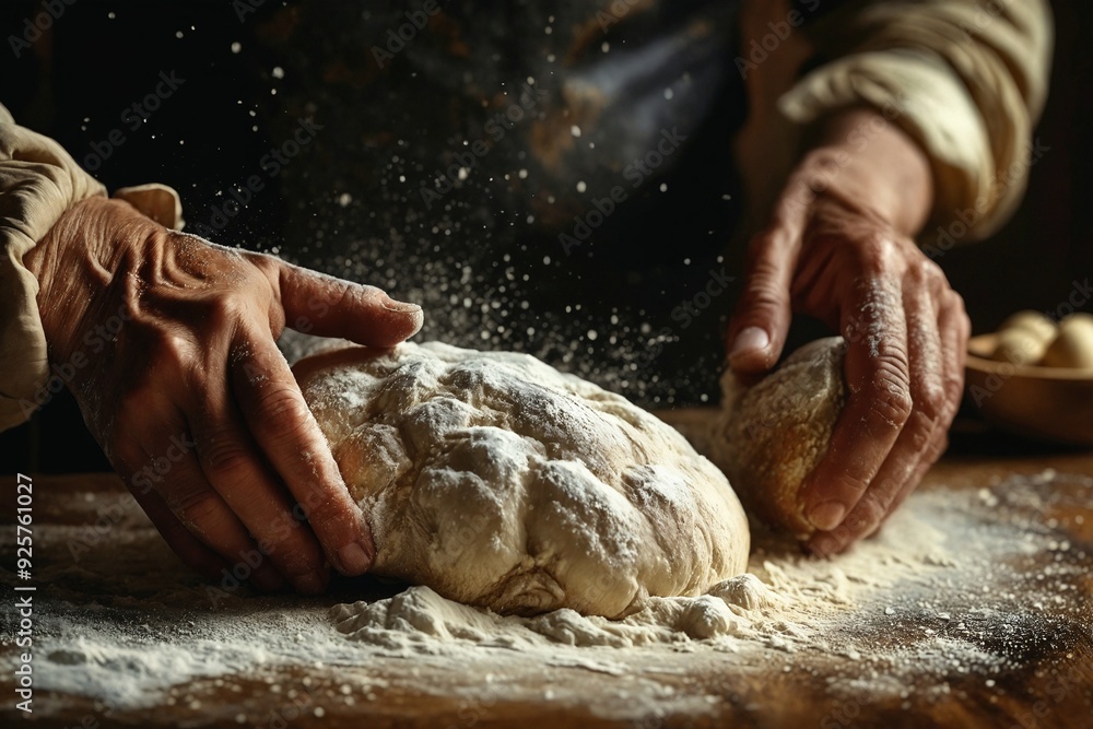Hands Kneading Bread Dough on Wooden Table with Flour Hands Kneading Bread Dough on Wooden Table with Flour