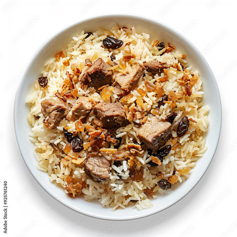 a bowl of rice with meat and raisins a bowl of rice with meat and raisins