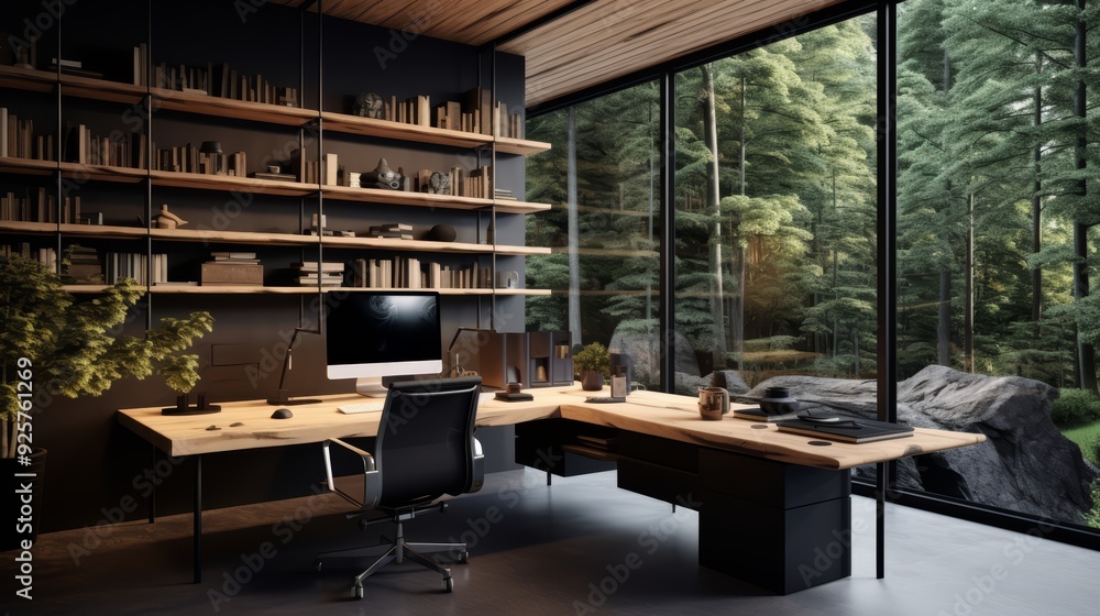 Modern office desk with a wooden top and black legs in a minimalist room with a view of a green forest outside the window. Modern office desk with a wooden top and black legs in a minimalist room with a view of a green forest outside the window.